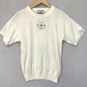 Vintage‎ Bay Point Threads Womens Short Sleeve Sweater Small S White Embroidered